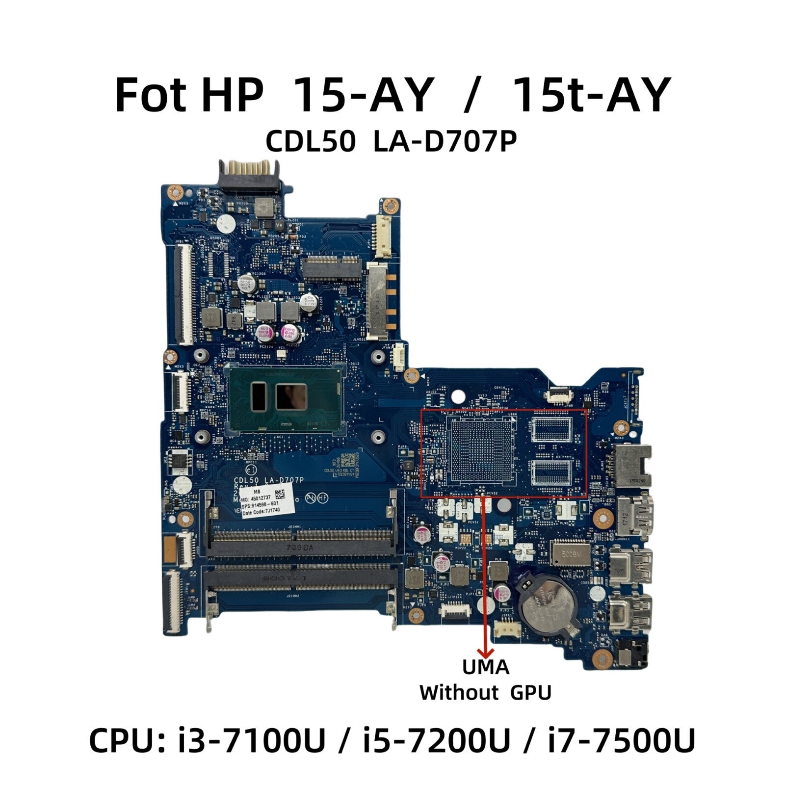 HP 15-AY Laptop Motherboard LA-D707P with i3 i5 i7 7th CPU UMA 914598-601 - Bighao-Era Laptop part